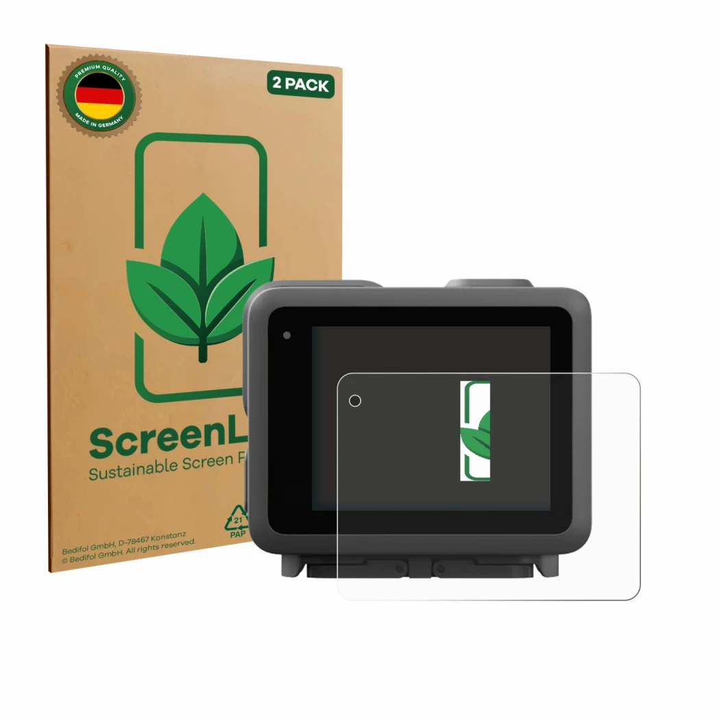Parte frontal de un envase de producto con el logotipo de la marca ScreenLeaf. Al lado se muestra el dispositivo GoPro Lit Her