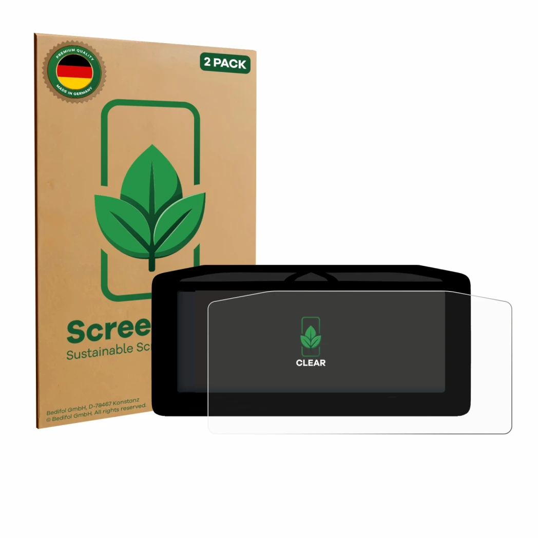 Parte frontal de un envase de producto con el logotipo de la marca ScreenLeaf. Al lado se muestra el dispositivo Ducati Street