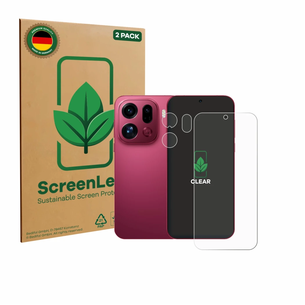 Parte frontal de un envase de producto con el logotipo de la marca ScreenLeaf. Al lado se muestra el dispositivo Oppo Find X9 