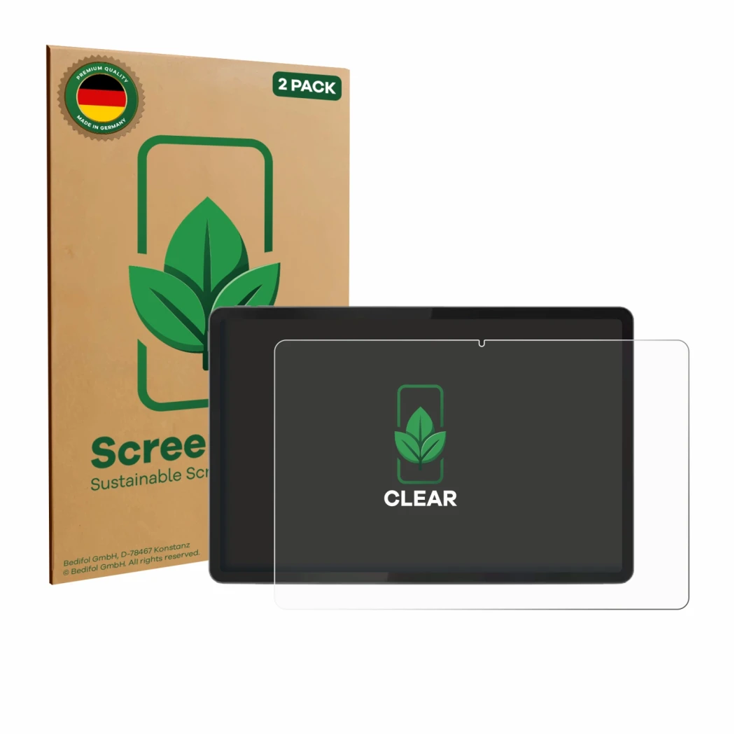 Parte frontal de un envase de producto con el logotipo de la marca ScreenLeaf. Al lado se muestra el dispositivo Lenovo Tab K1
