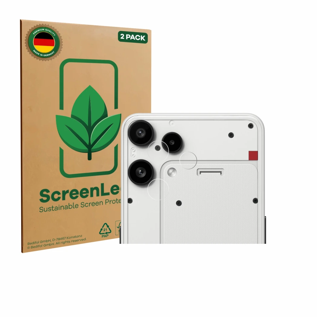 Parte frontal de un envase de producto con el logotipo de la marca ScreenLeaf. Al lado se muestra el dispositivo Nothing Phone