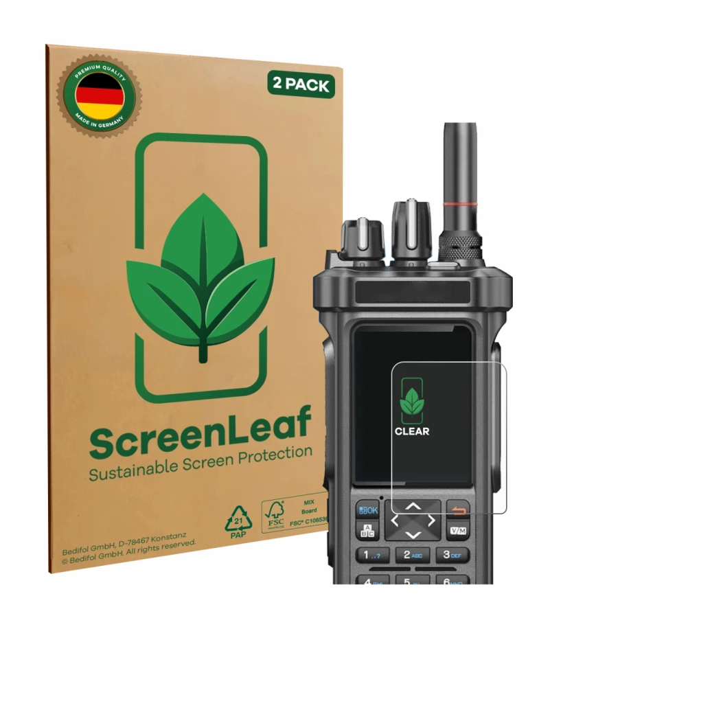 Parte frontal de un envase de producto con el logotipo de la marca ScreenLeaf. Al lado se muestra el dispositivo Radtel RT-950
