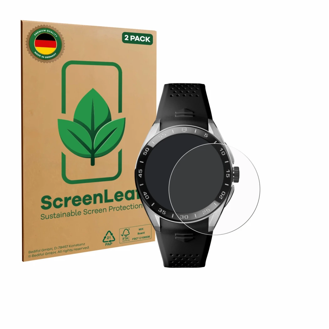 Parte frontal de un envase de producto con el logotipo de la marca ScreenLeaf. Al lado se muestra el dispositivo TAG Heuer Con