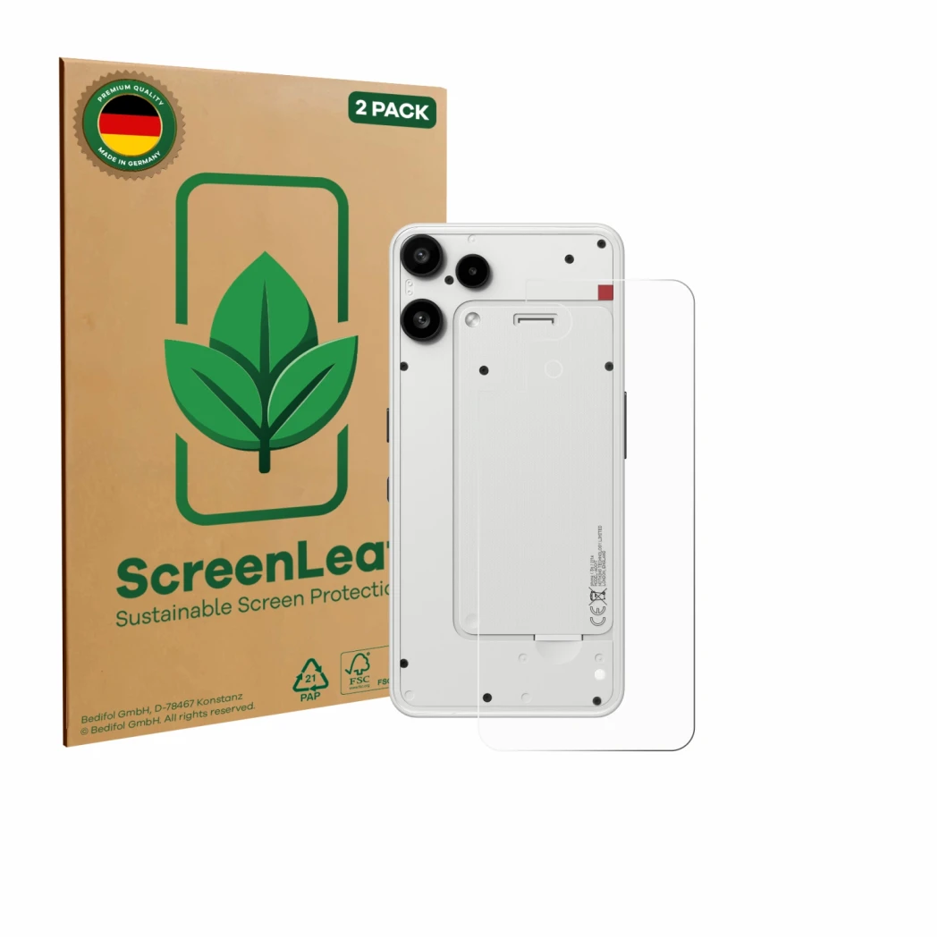 Parte frontal de un envase de producto con el logotipo de la marca ScreenLeaf. Al lado se muestra el dispositivo Nothing Phone