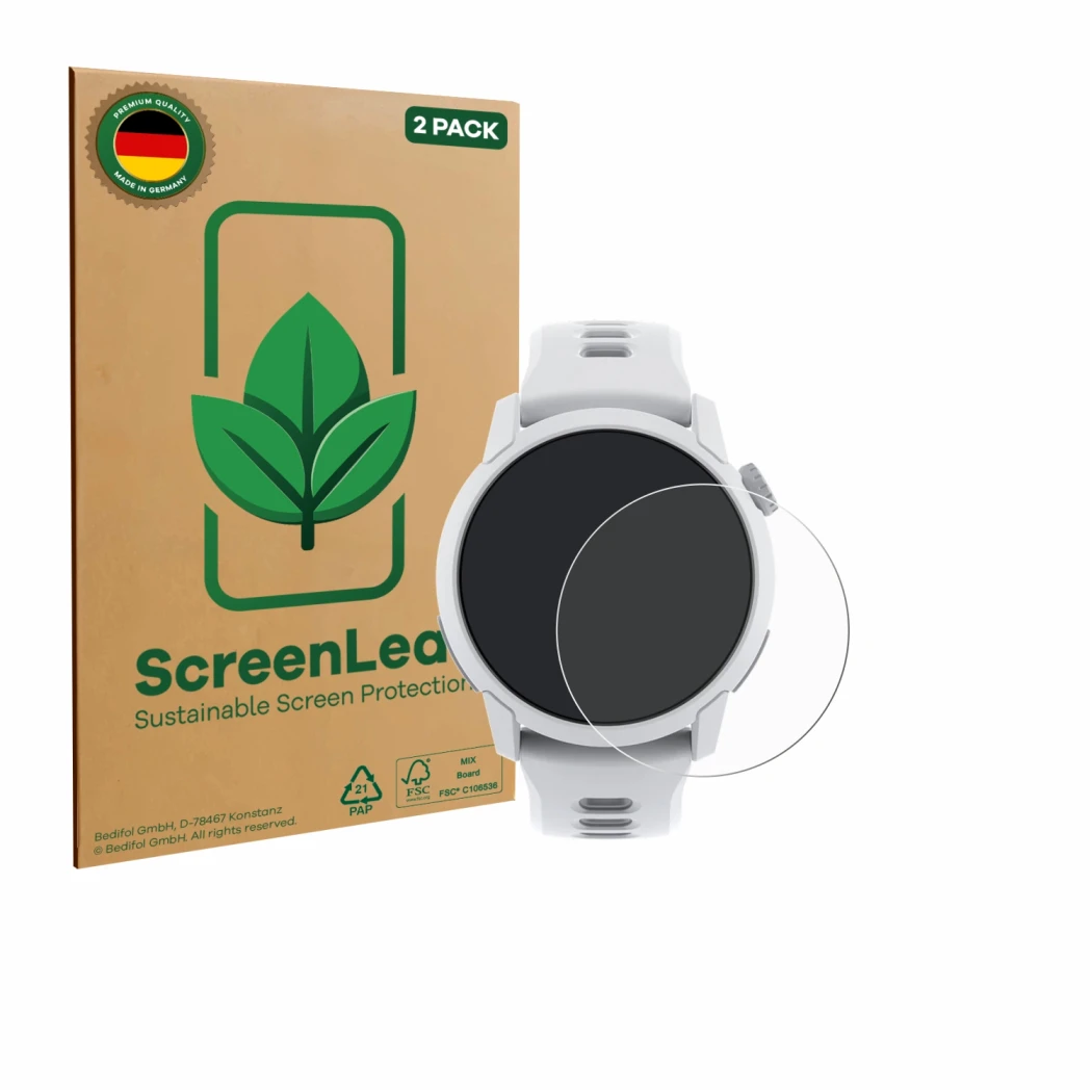 Parte frontal de un envase de producto con el logotipo de la marca ScreenLeaf. Al lado se muestra el dispositivo Coros Pace 4 