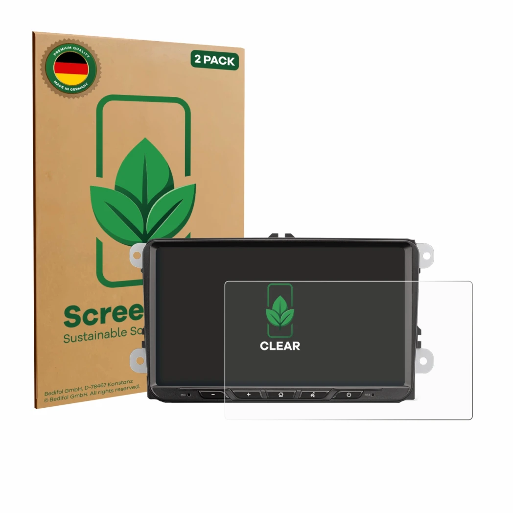 Parte frontal de un envase de producto con el logotipo de la marca ScreenLeaf. Al lado se muestra el dispositivo Zenec Z-E2065
