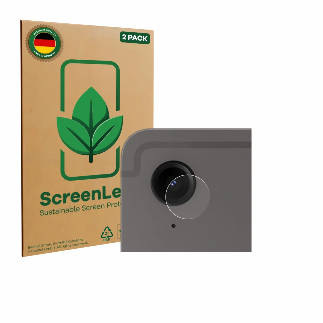 Parte frontal de un envase de producto con el logotipo de la marca ScreenLeaf. Al lado se muestra el dispositivo Samsung Galax