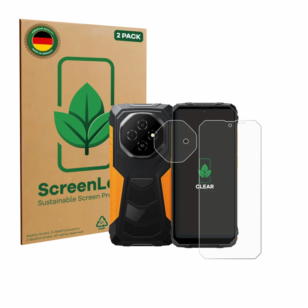 Parte frontal de un envase de producto con el logotipo de la marca ScreenLeaf. Al lado se muestra el dispositivo Blackview For
