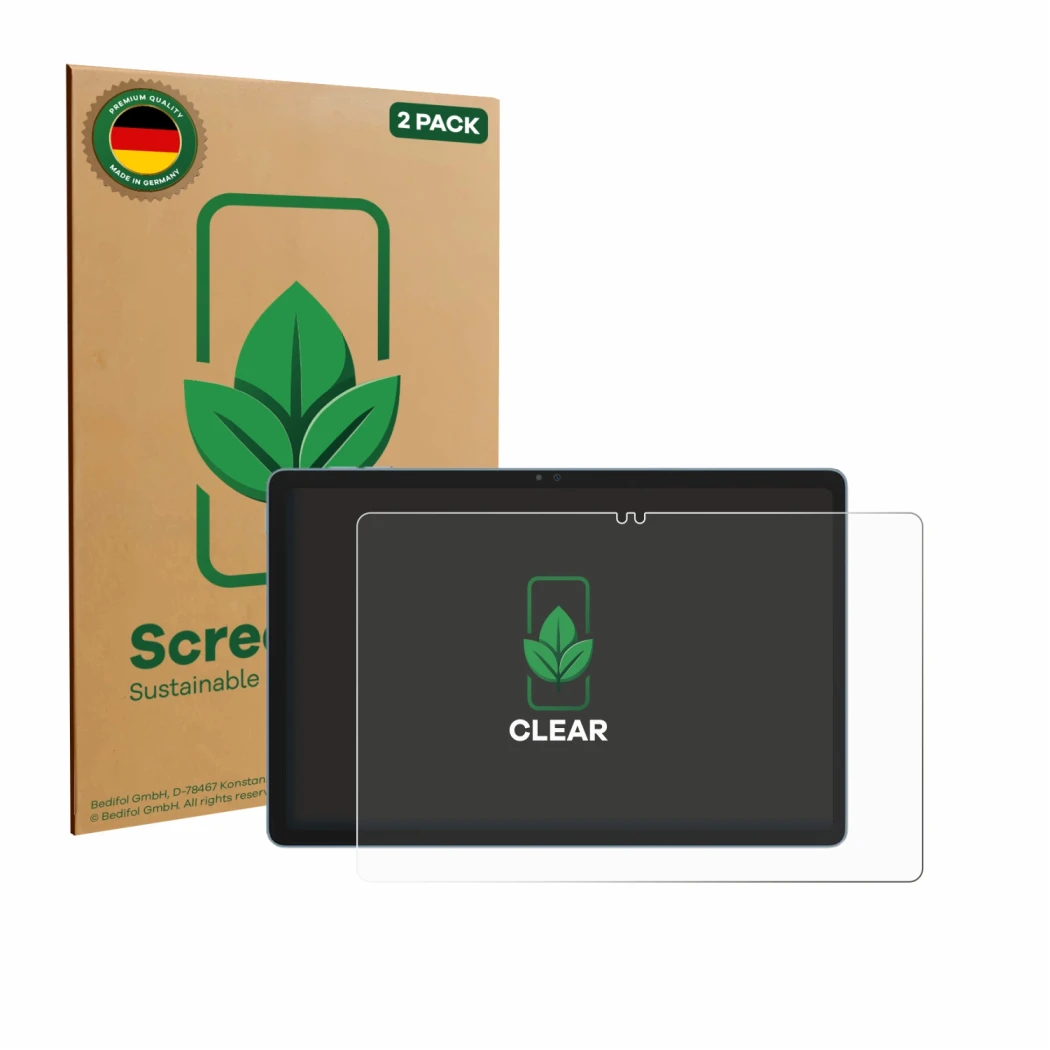 Parte frontal de un envase de producto con el logotipo de la marca ScreenLeaf. Al lado se muestra el dispositivo Blackview Zen