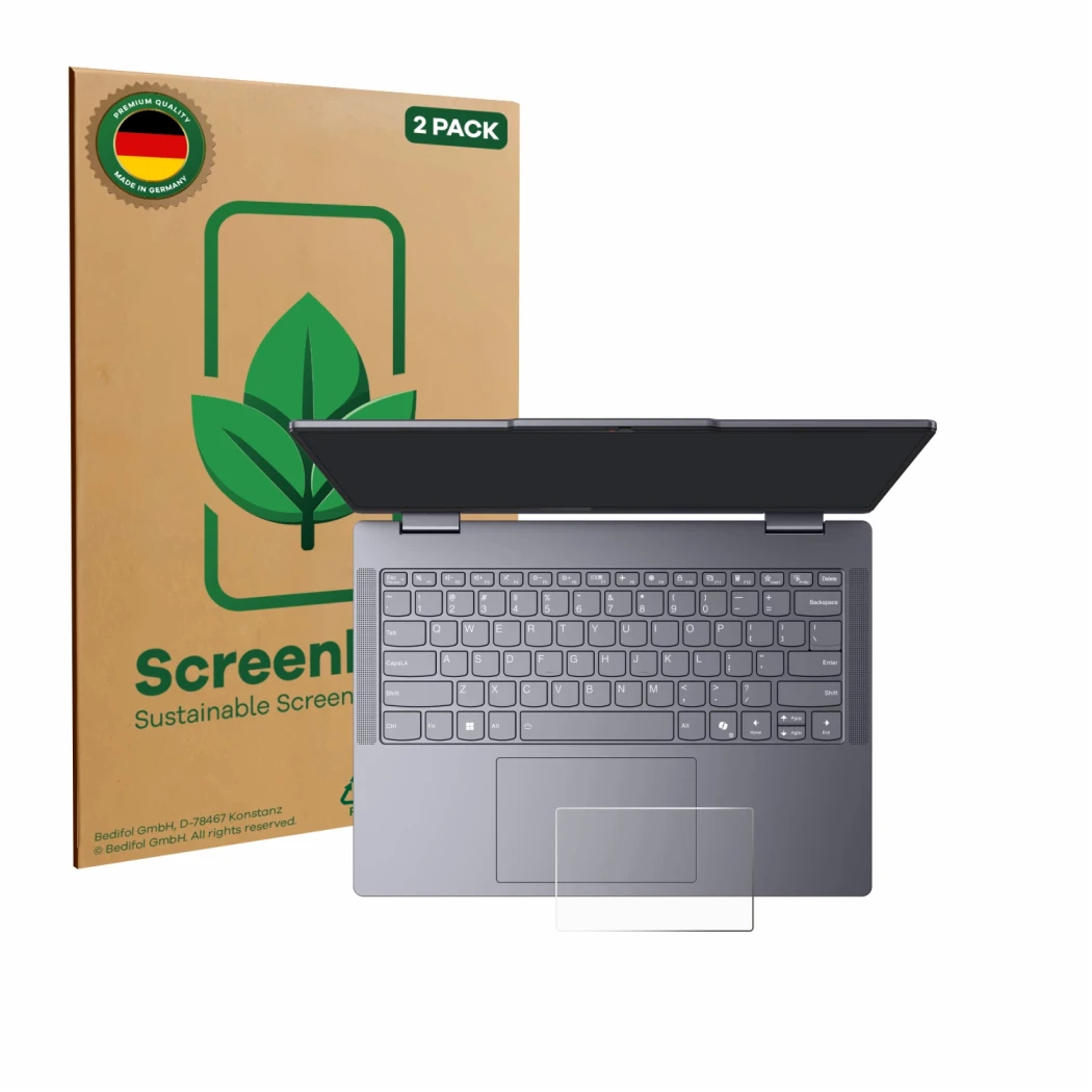 Parte frontal de un envase de producto con el logotipo de la marca ScreenLeaf. Al lado se muestra el dispositivo Lenovo IdeaPa