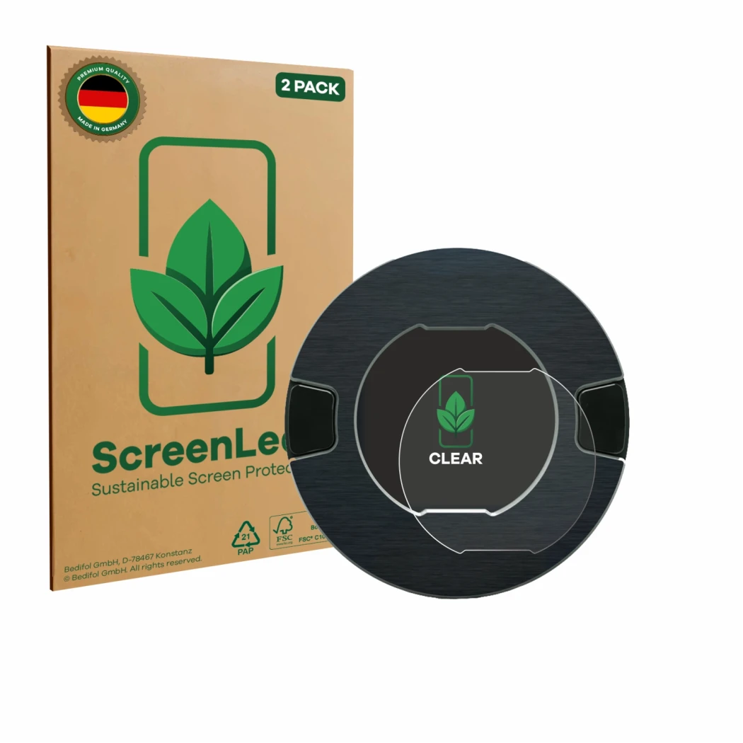 Parte frontal de un envase de producto con el logotipo de la marca ScreenLeaf. Al lado se muestra el dispositivo OOONO P-DISC 