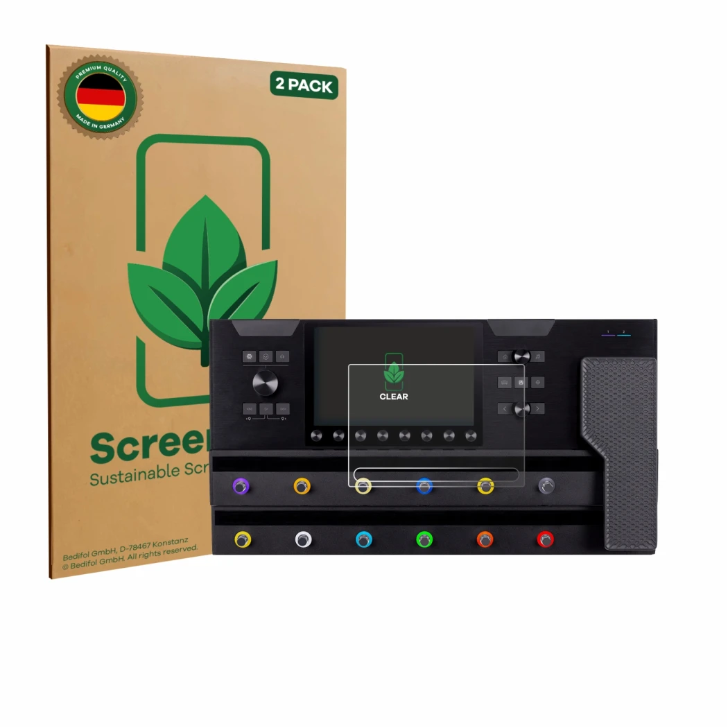 Parte frontal de un envase de producto con el logotipo de la marca ScreenLeaf. Al lado se muestra el dispositivo Line 6 Helix 