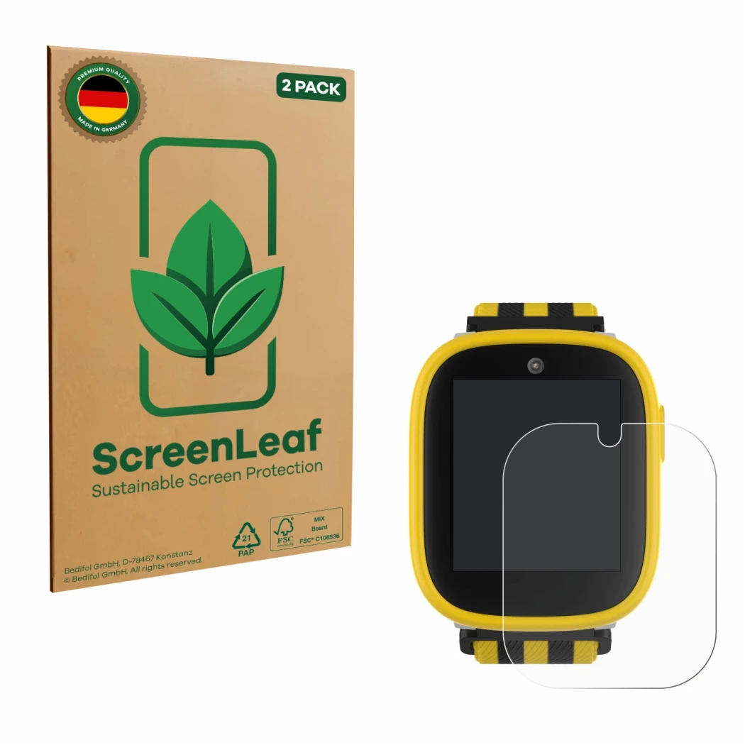 Parte frontal de un envase de producto con el logotipo de la marca ScreenLeaf. Al lado se muestra el dispositivo Xplora X6 Pla