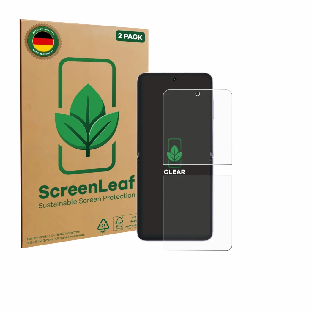 Parte frontal de un envase de producto con el logotipo de la marca ScreenLeaf. Al lado se muestra el dispositivo Honor Magic V