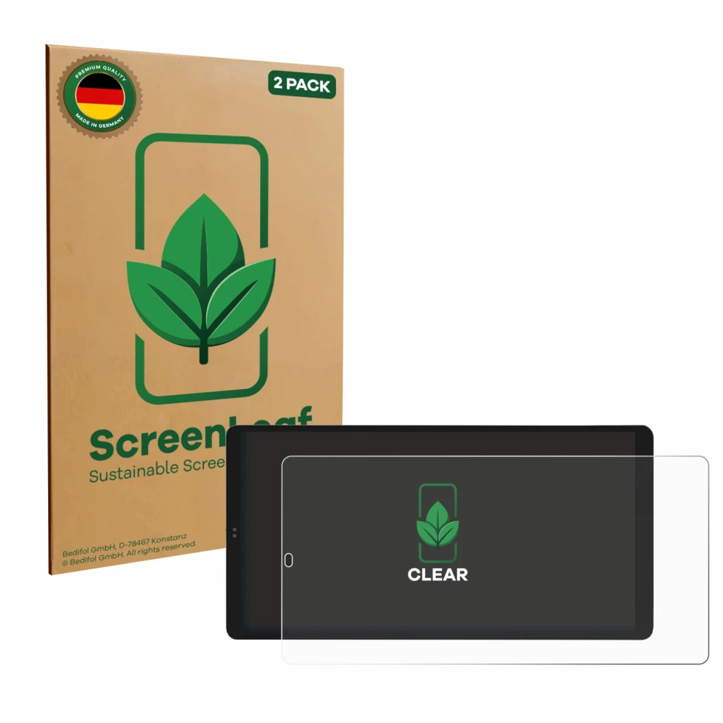 Parte frontal de un envase de producto con el logotipo de la marca ScreenLeaf. Al lado se muestra el dispositivo Shelly Wall D