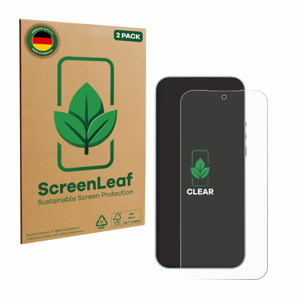 Parte frontal de un envase de producto con el logotipo de la marca ScreenLeaf. Al lado se muestra el dispositivo Xiaomi 17 Ult