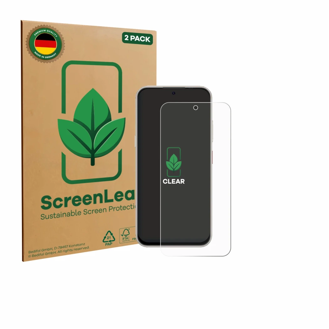 Parte frontal de un envase de producto con el logotipo de la marca ScreenLeaf. Al lado se muestra el dispositivo Nubia V80 Pro