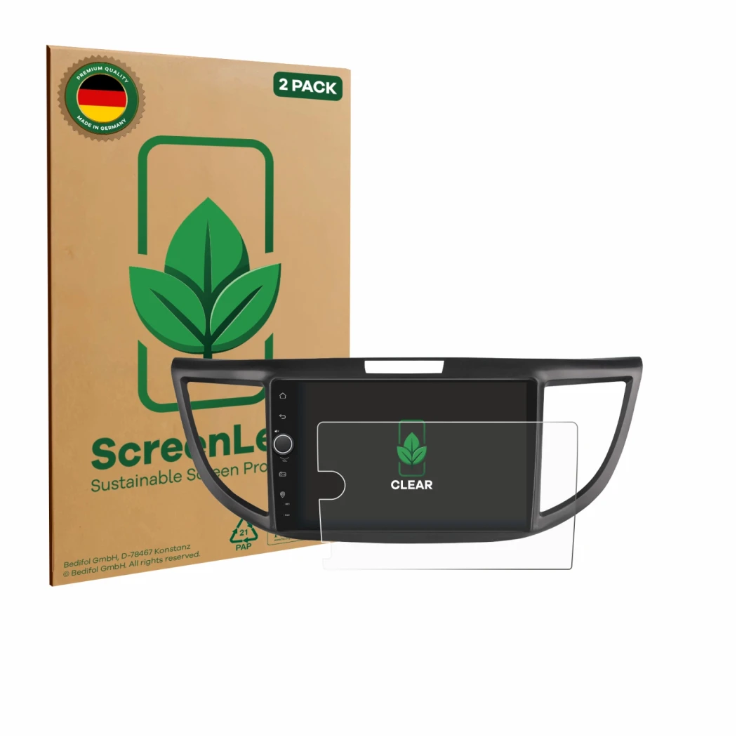Parte frontal de un envase de producto con el logotipo de la marca ScreenLeaf. Al lado se muestra el dispositivo Joying Car Ra