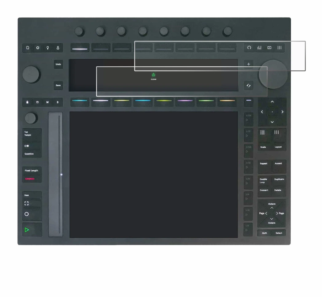 Imagen del dispositivo Ableton Push 3 con una amplia variedad de protectores de pantalla.