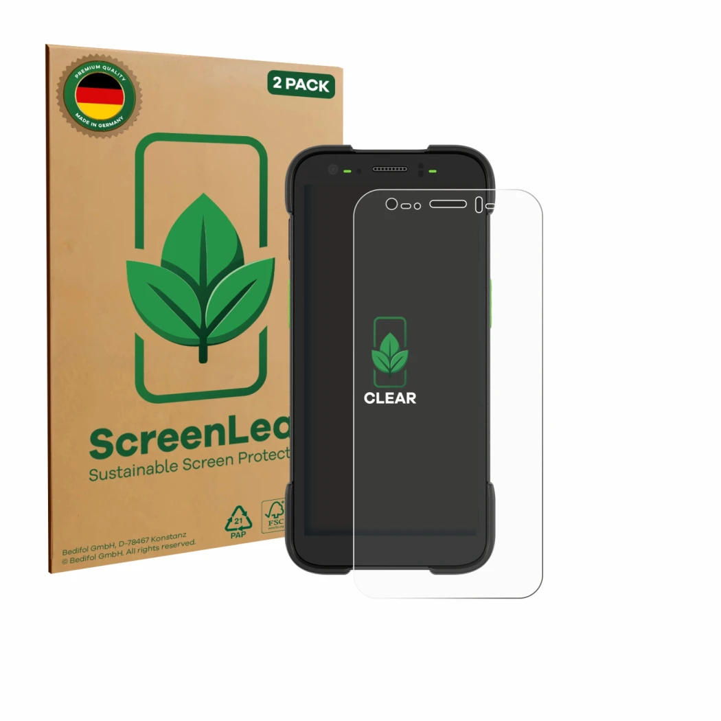 Parte frontal de un envase de producto con el logotipo de la marca ScreenLeaf. Al lado se muestra el dispositivo Zebra TC701 c