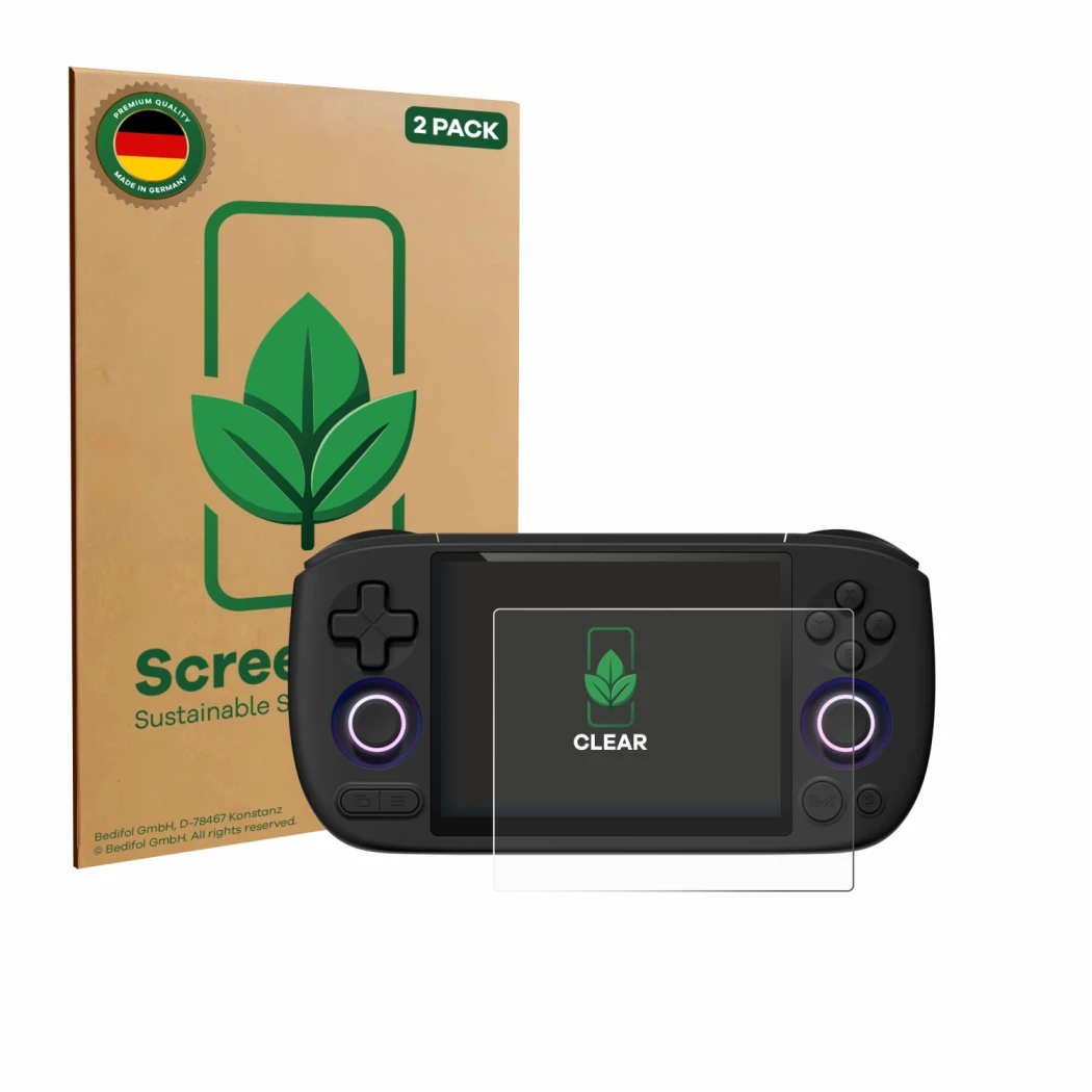 Parte frontal de un envase de producto con el logotipo de la marca ScreenLeaf. Al lado se muestra el dispositivo Ayaneo Pocket