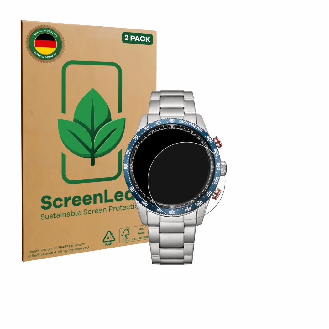 Parte frontal de un envase de producto con el logotipo de la marca ScreenLeaf. Al lado se muestra el dispositivo Citizen CA471