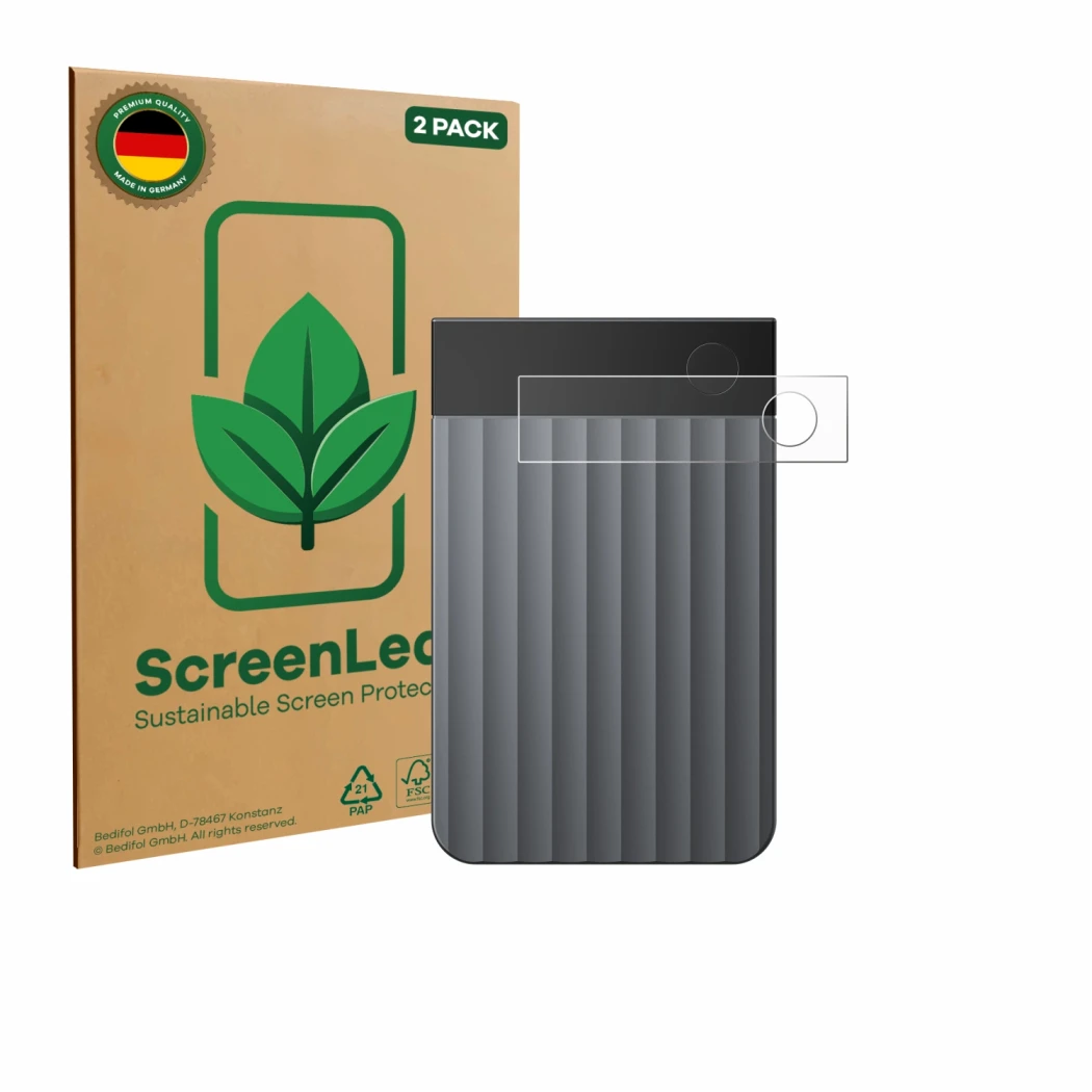 Parte frontal de un envase de producto con el logotipo de la marca ScreenLeaf. Al lado se muestra el dispositivo PLAUD Note Pr