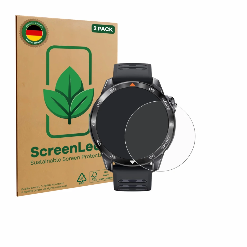 Parte frontal de un envase de producto con el logotipo de la marca ScreenLeaf. Al lado se muestra el dispositivo Xiaomi Mibro 