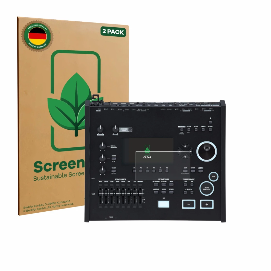 Parte frontal de un envase de producto con el logotipo de la marca ScreenLeaf. Al lado se muestra el dispositivo Roland V71 co