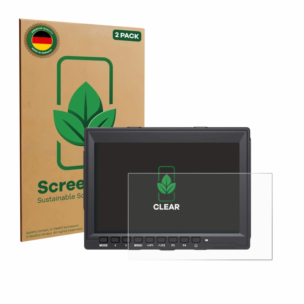 Parte frontal de un envase de producto con el logotipo de la marca ScreenLeaf. Al lado se muestra el dispositivo Feelworld FW7