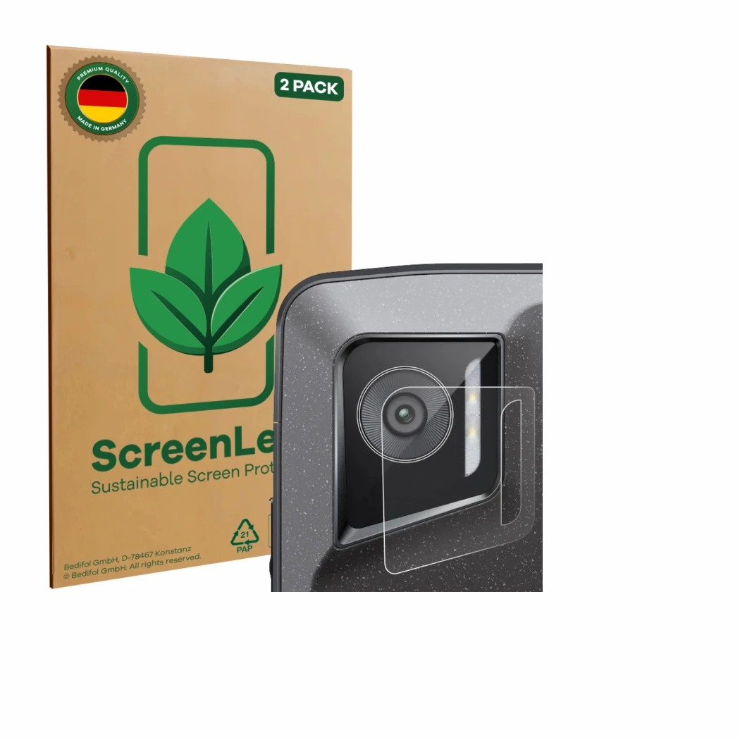 Parte frontal de un envase de producto con el logotipo de la marca ScreenLeaf. Al lado se muestra el dispositivo Crosscall Ste