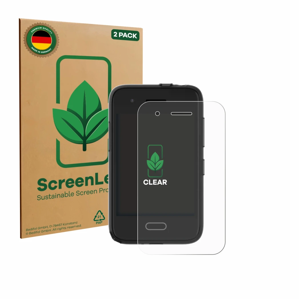 Parte frontal de un envase de producto con el logotipo de la marca ScreenLeaf. Al lado se muestra el dispositivo Xplora One co