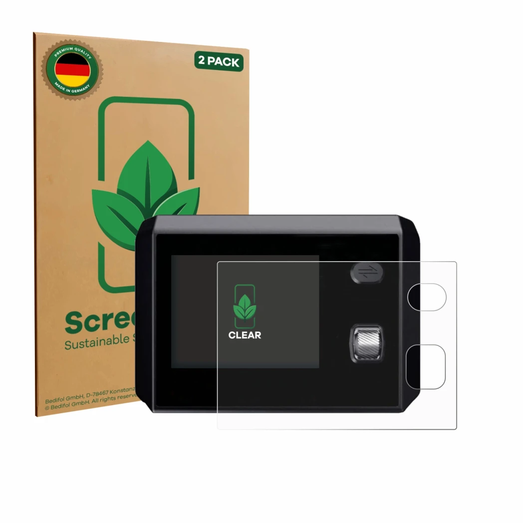 Parte frontal de un envase de producto con el logotipo de la marca ScreenLeaf. Al lado se muestra el dispositivo SkyRC MC5000 