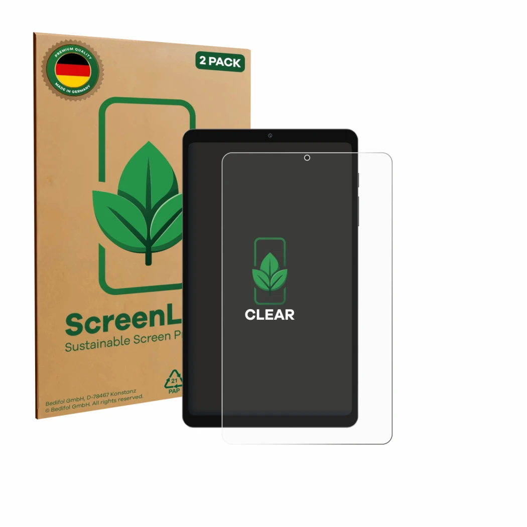 Parte frontal de un envase de producto con el logotipo de la marca ScreenLeaf. Al lado se muestra el dispositivo Blackview Lin