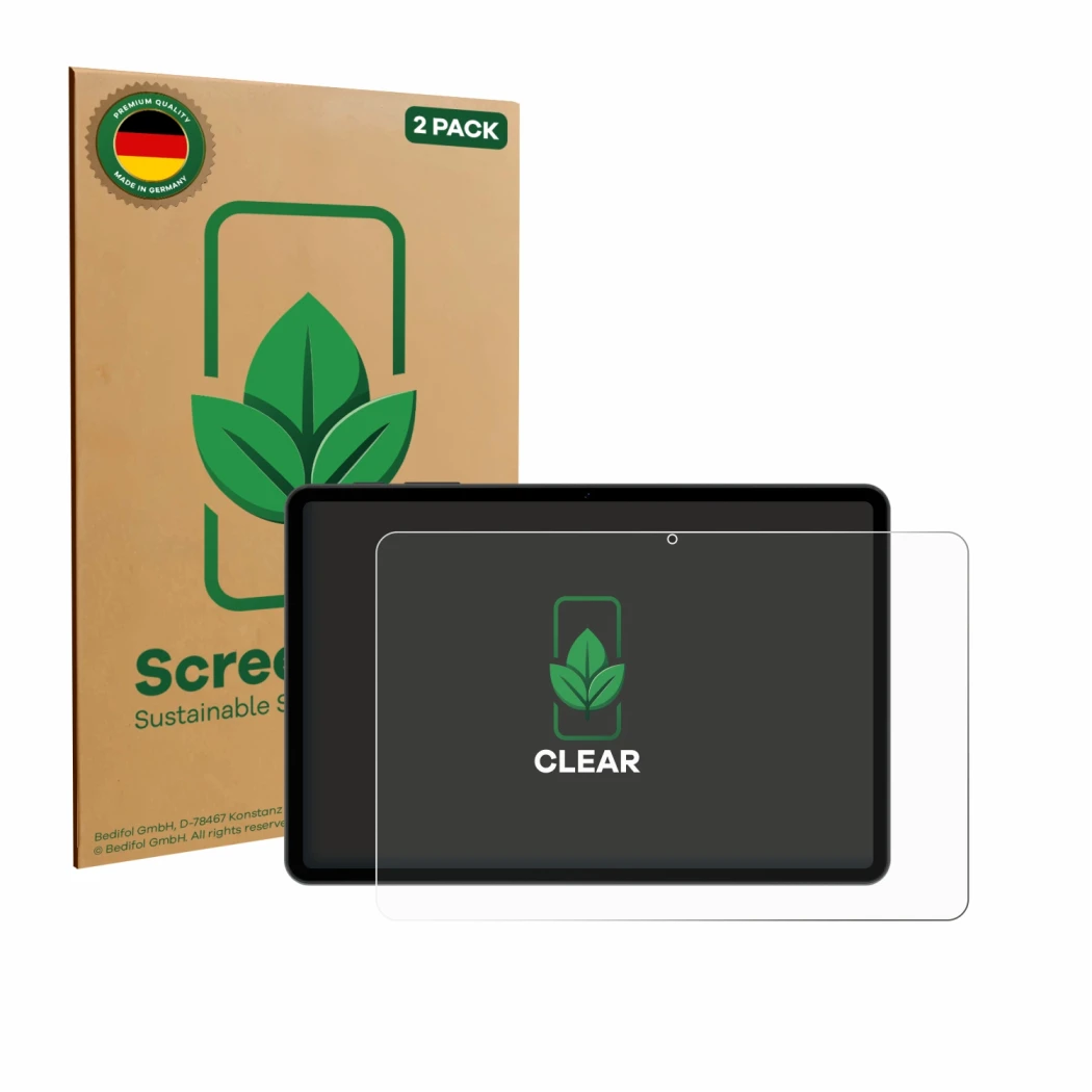 Parte frontal de un envase de producto con el logotipo de la marca ScreenLeaf. Al lado se muestra el dispositivo Doogee Tab A9