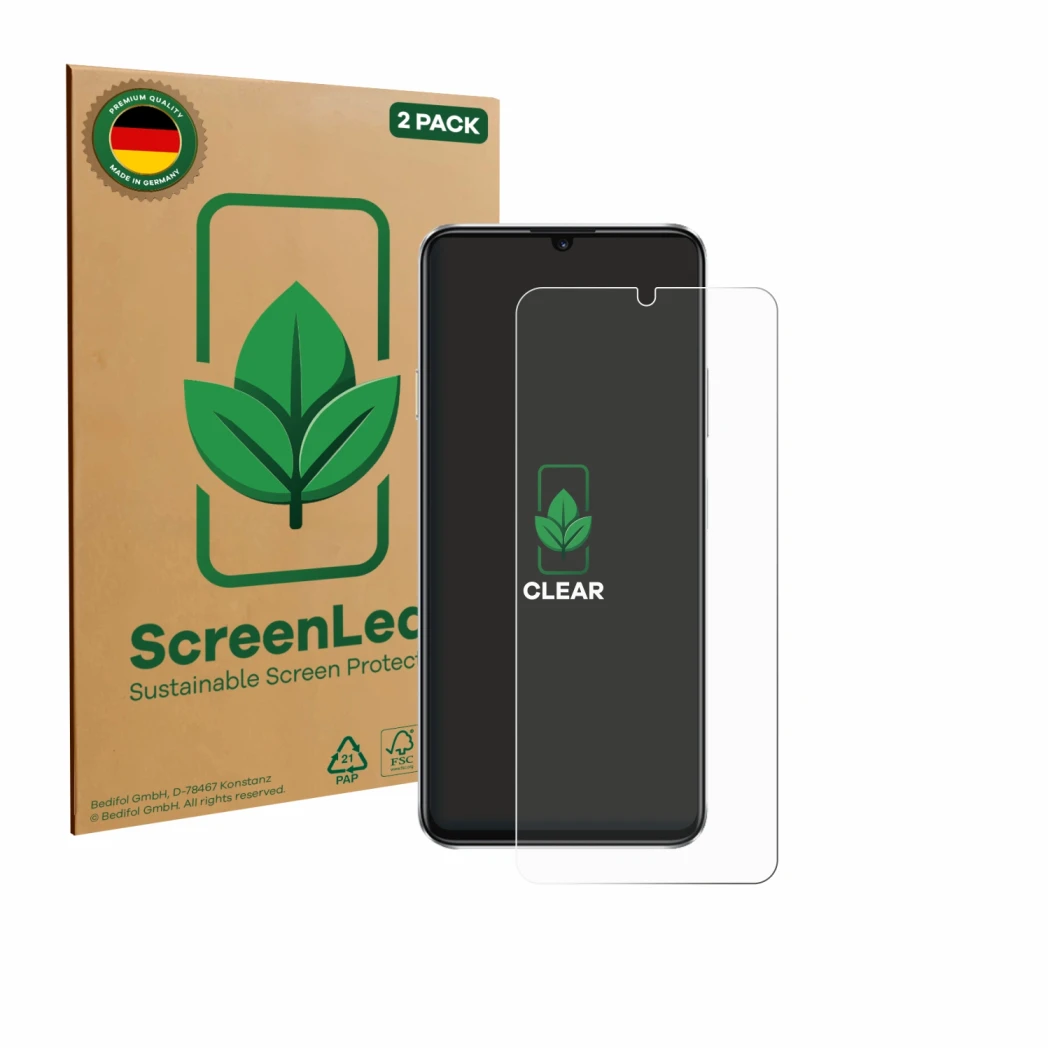 Parte frontal de un envase de producto con el logotipo de la marca ScreenLeaf. Al lado se muestra el dispositivo Huawei Nova Y