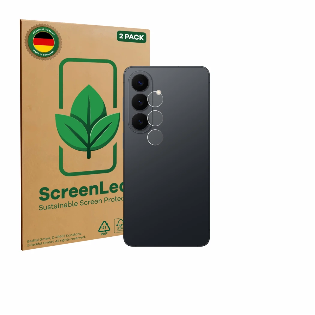 Parte frontal de un envase de producto con el logotipo de la marca ScreenLeaf. Al lado se muestra el dispositivo Samsung Galax