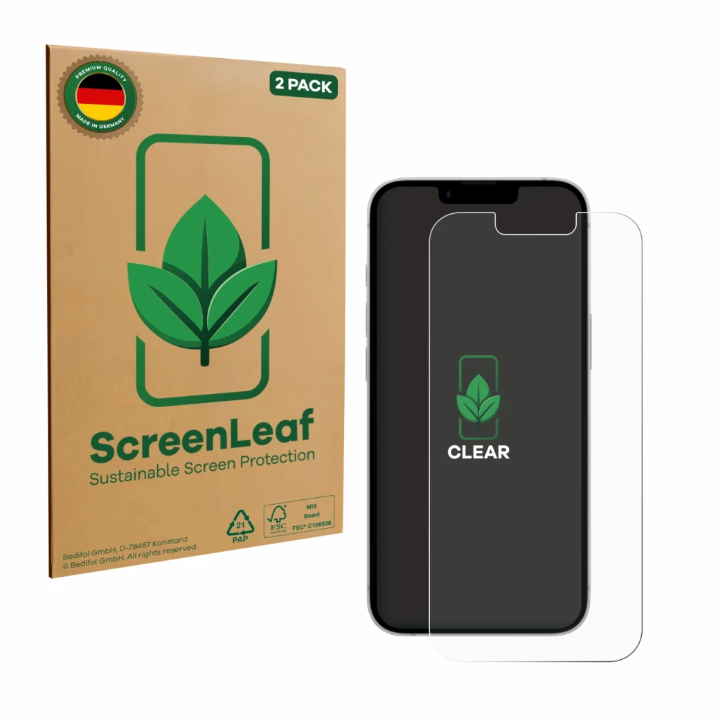 Parte frontal de un envase de producto con el logotipo de la marca ScreenLeaf. Al lado se muestra el dispositivo Apple iPhone 