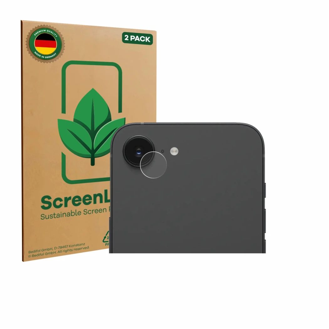 Parte frontal de un envase de producto con el logotipo de la marca ScreenLeaf. Al lado se muestra el dispositivo Apple iPhone 