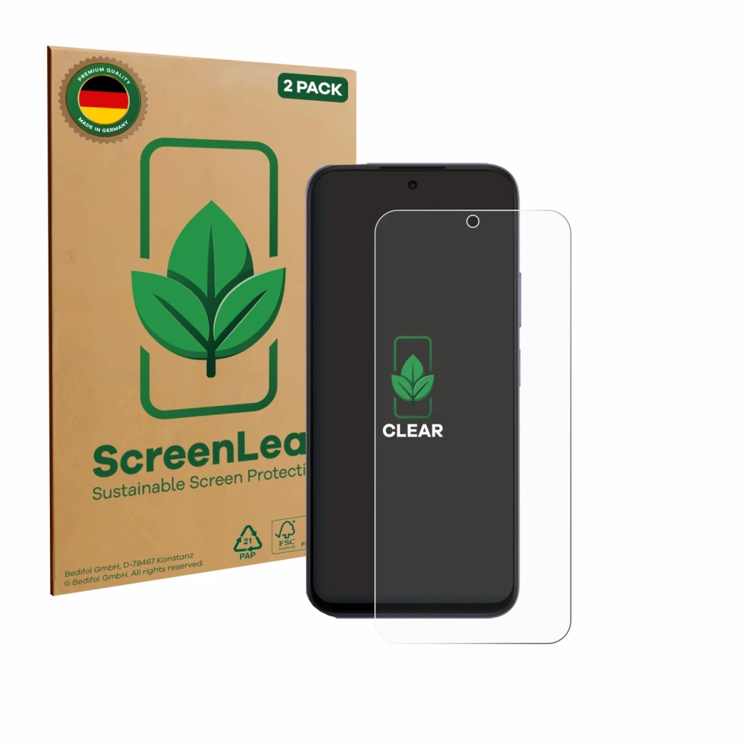 Parte frontal de un envase de producto con el logotipo de la marca ScreenLeaf. Al lado se muestra el dispositivo Oppo A6x 4G c
