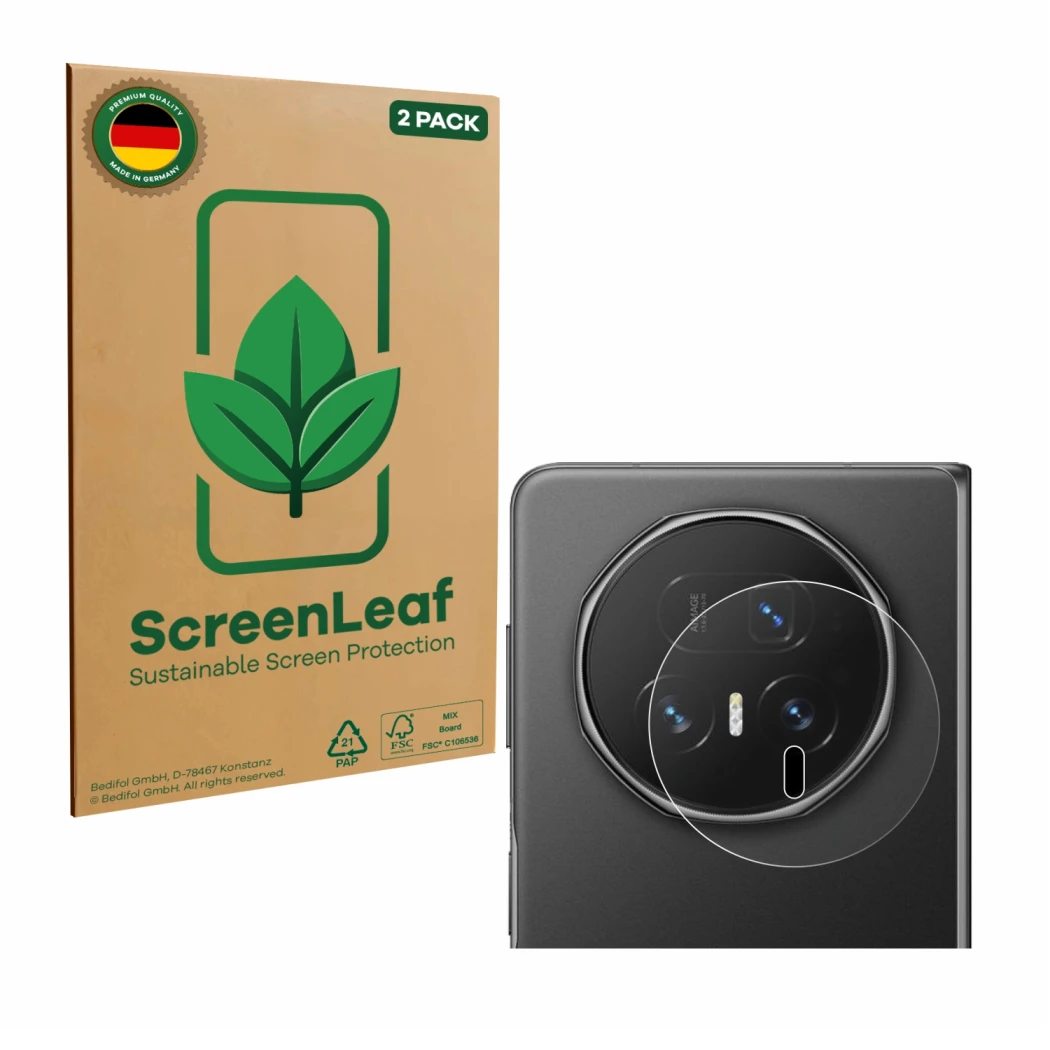 Parte frontal de un envase de producto con el logotipo de la marca ScreenLeaf. Al lado se muestra el dispositivo Honor Magic V
