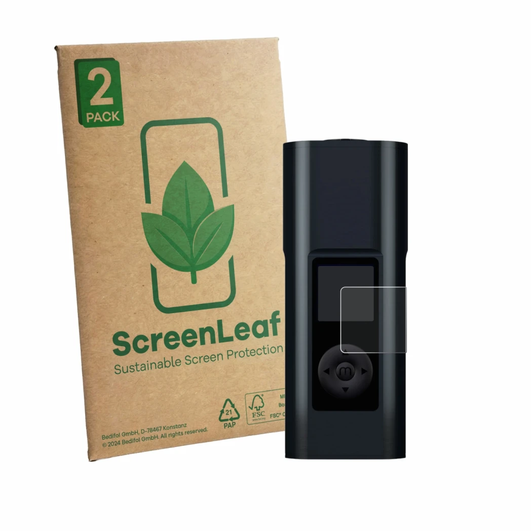 Parte frontal de un envase de producto con el logotipo de la marca ScreenLeaf. Al lado se muestra el dispositivo Arizer Solo 3
