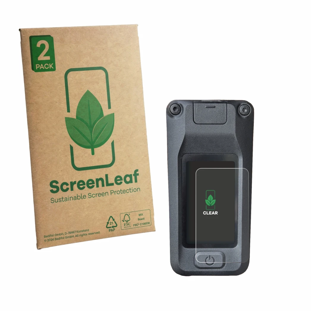Parte frontal de un envase de producto con el logotipo de la marca ScreenLeaf. Al lado se muestra el dispositivo Amflow DJI Av