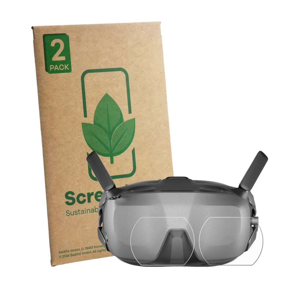 Parte frontal de un envase de producto con el logotipo de la marca ScreenLeaf. Al lado se muestra el dispositivo DJI Goggles N