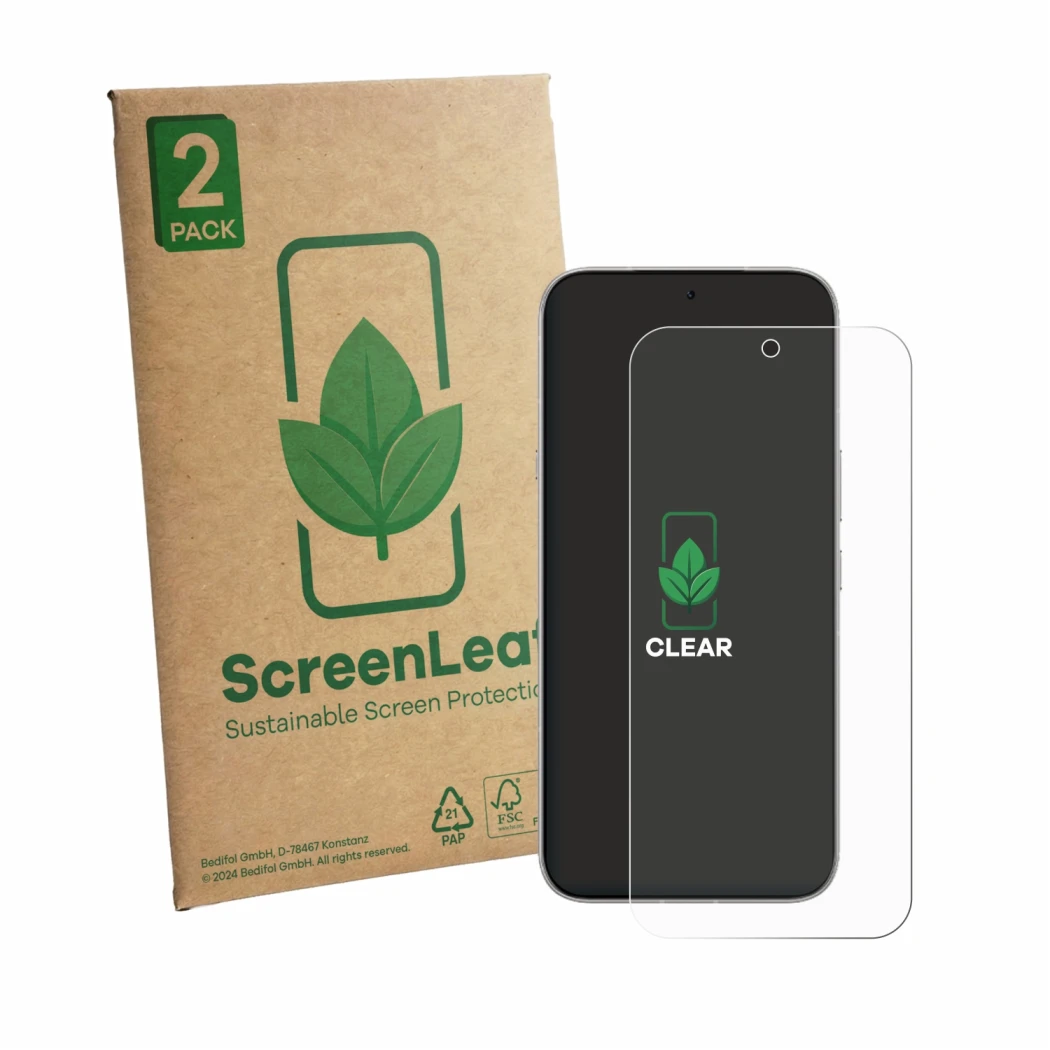 Parte frontal de un envase de producto con el logotipo de la marca ScreenLeaf. Al lado se muestra el dispositivo Infinix Note 