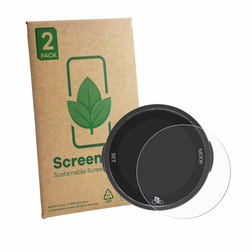 Parte frontal de un envase de producto con el logotipo de la marca ScreenLeaf. Al lado se muestra el dispositivo Ejoyous Bike 