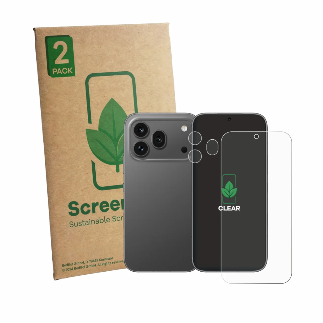 Parte frontal de un envase de producto con el logotipo de la marca ScreenLeaf. Al lado se muestra el dispositivo Honor 600 Pro