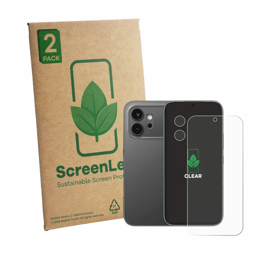 Parte frontal de un envase de producto con el logotipo de la marca ScreenLeaf. Al lado se muestra el dispositivo Honor 600 (Fr