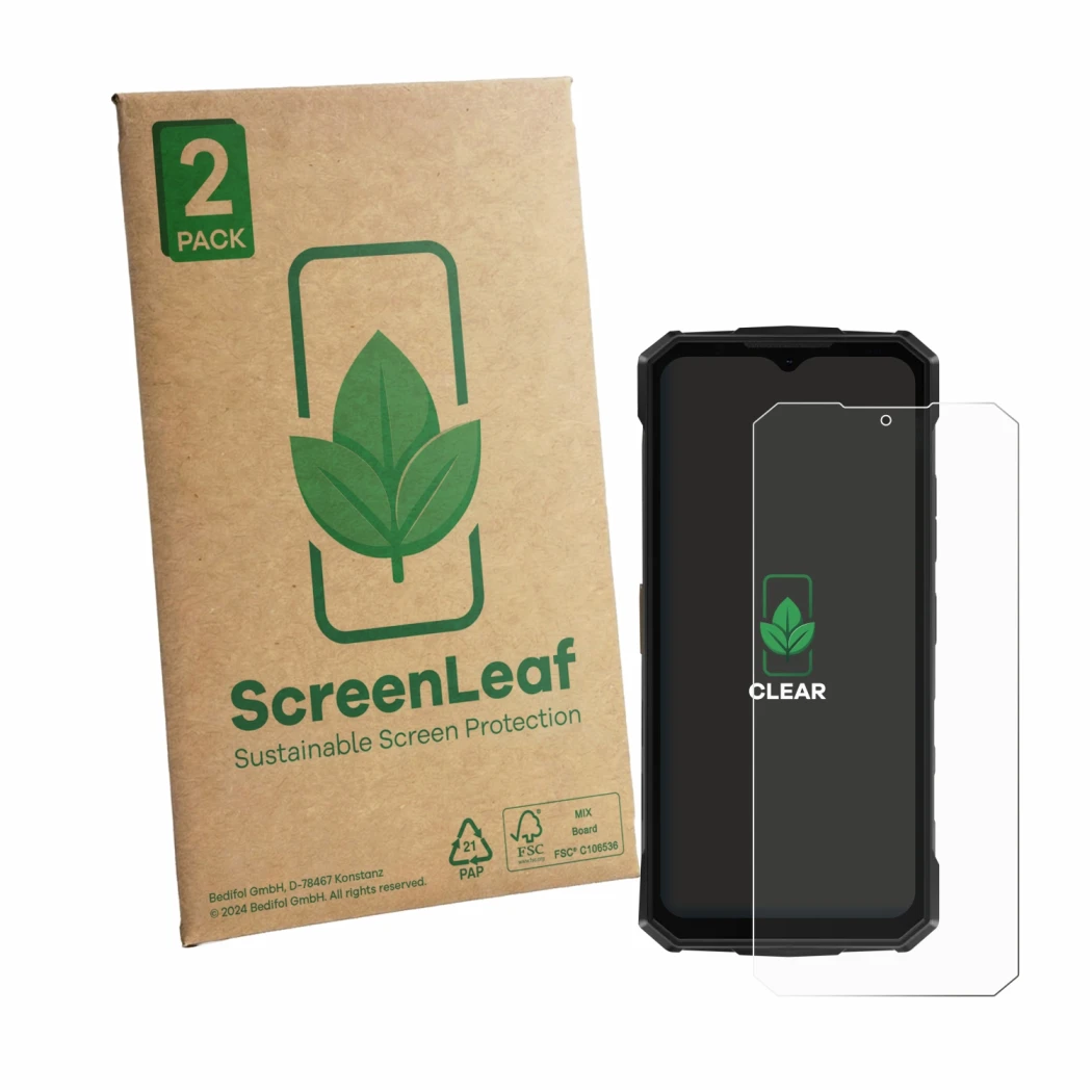 Parte frontal de un envase de producto con el logotipo de la marca ScreenLeaf. Al lado se muestra el dispositivo Doogee Fire 5