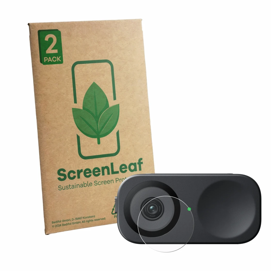 Parte frontal de un envase de producto con el logotipo de la marca ScreenLeaf. Al lado se muestra el dispositivo Insta360 Link